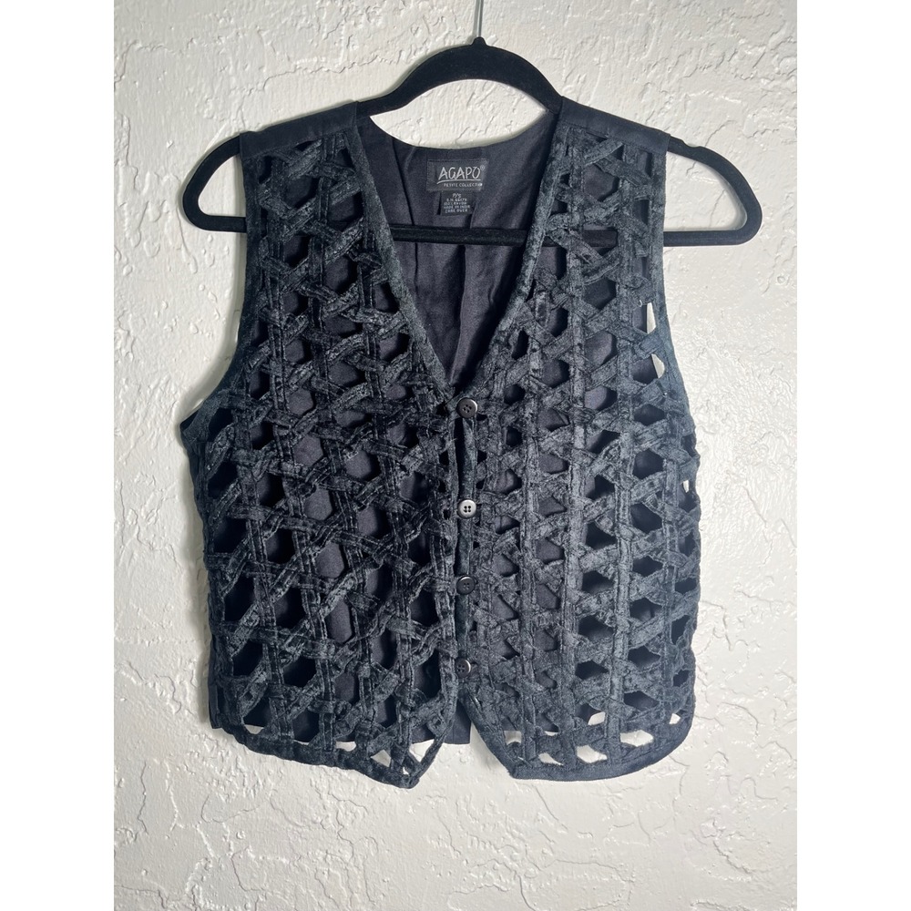 Vintage Agapo Black Open Weave Vest‎ Petite Small Boho Lagenlook Festival
